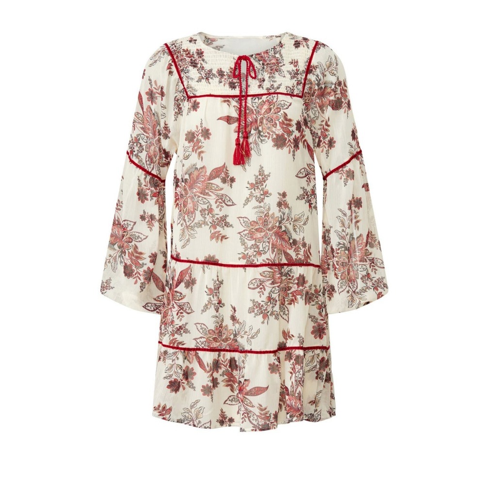 Great Jones Cream Floral Print‎ Long Sleeve Tiered Mini Dress Women's M
